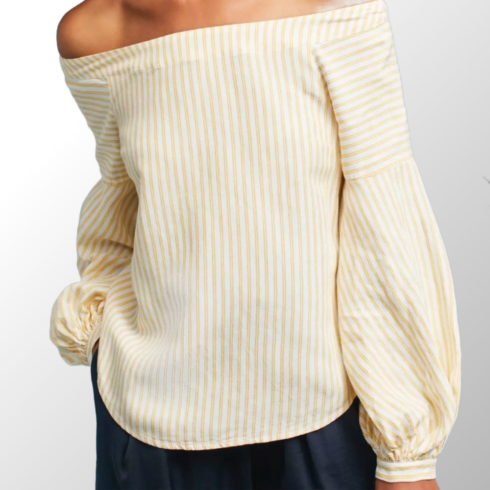 Maeve Blouse‎ Women 12P Yellow Stripe Off Shoulder Lantern Sleeve OB762636
